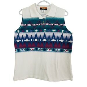Vtg Cripple Creek Womens Sleeveless Polo Shirt Cotton Aztec Southwestern L/XL